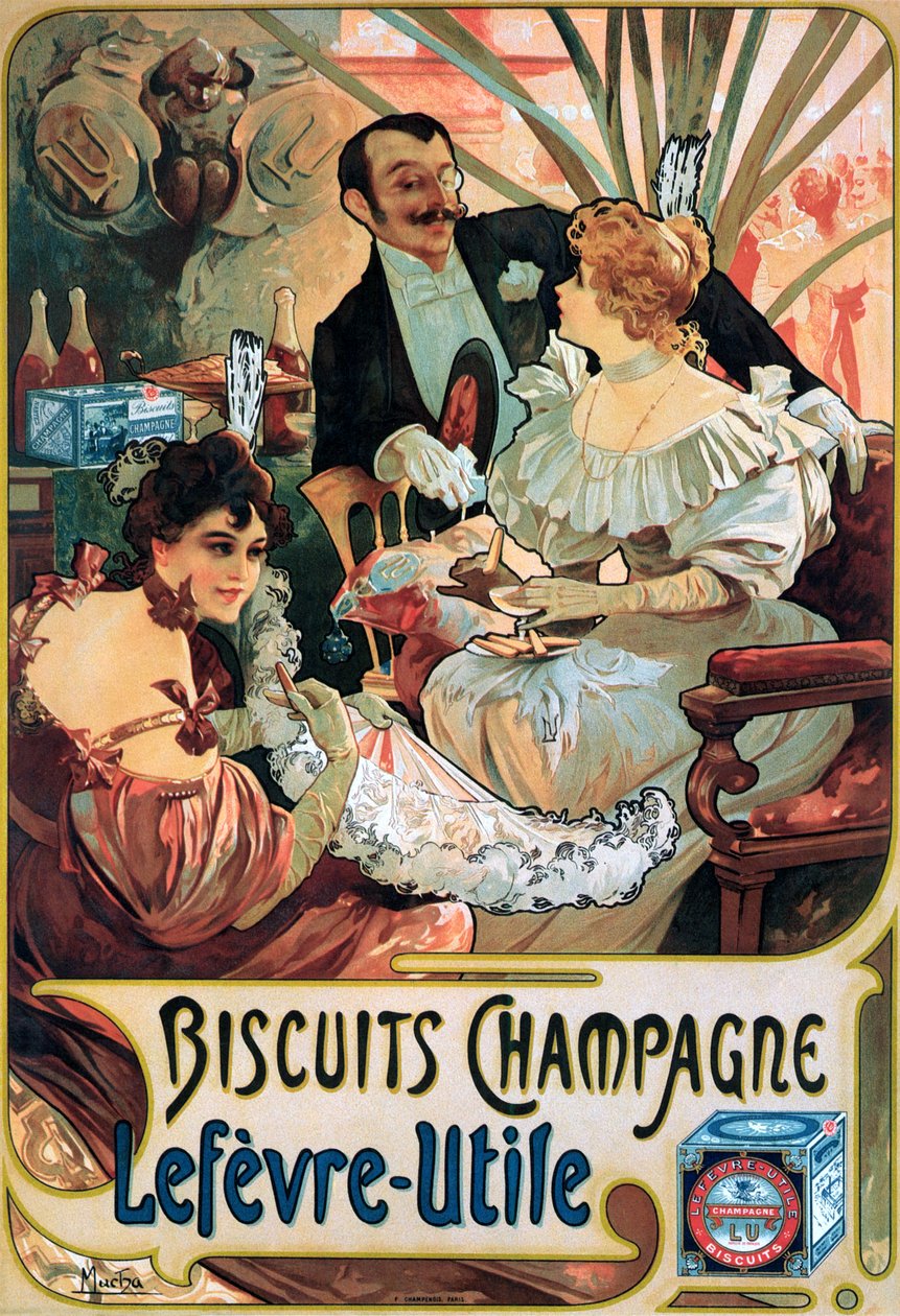 Póster publicitario de Biscuits Champagne Lefèvre-Utile de Alphonse Mucha