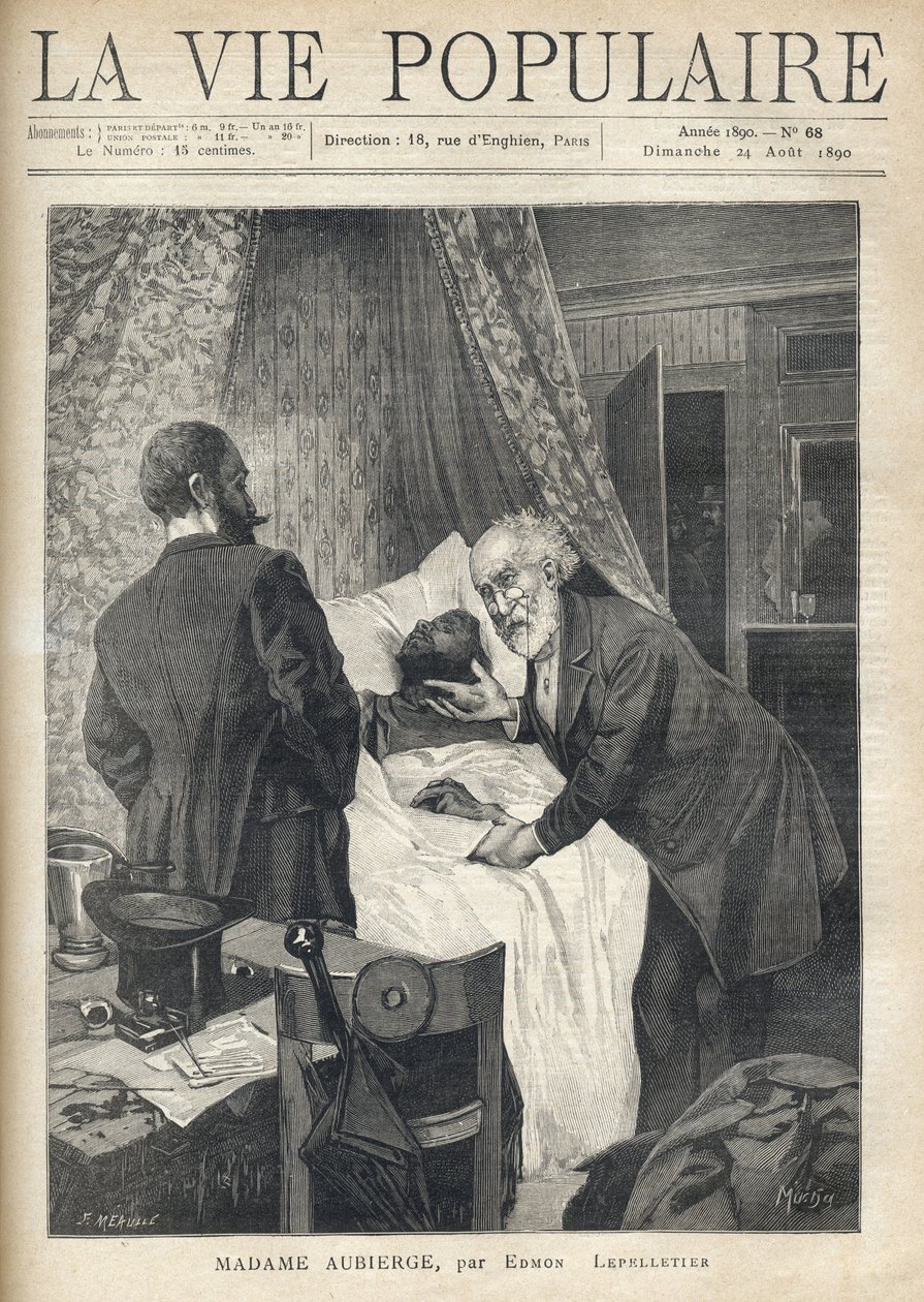 Dos hombres se inclinan sobre una cama para ver la muerte de un hombre. En la puerta, otros hombres observan la escena. Ilustración de Alfons Maria Mucha (Alphonse Marie Mucha) de Alphonse Mucha