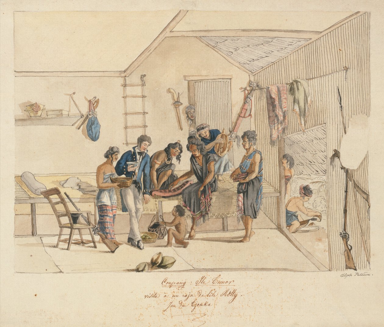 Visitando a un Raja de las Islas de Timor (pluma, tinta y acuarela sobre papel) de Alphonse Pellion