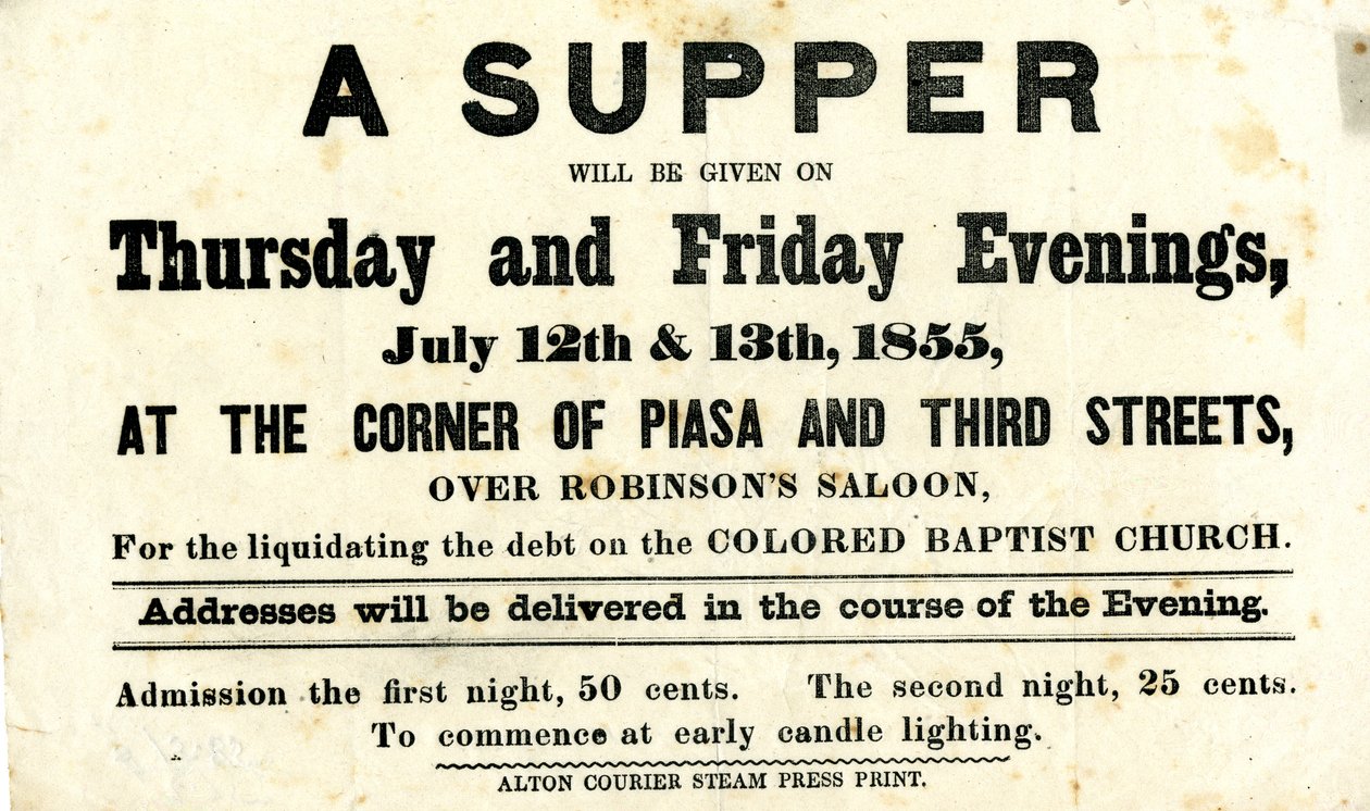 Circular anunciando una cena a beneficio de la Iglesia Bautista de Color, que se celebrará sobre el Salón de Robinson, [Alton, Illinois], 12-13 de julio de 1855 de Alton Courier