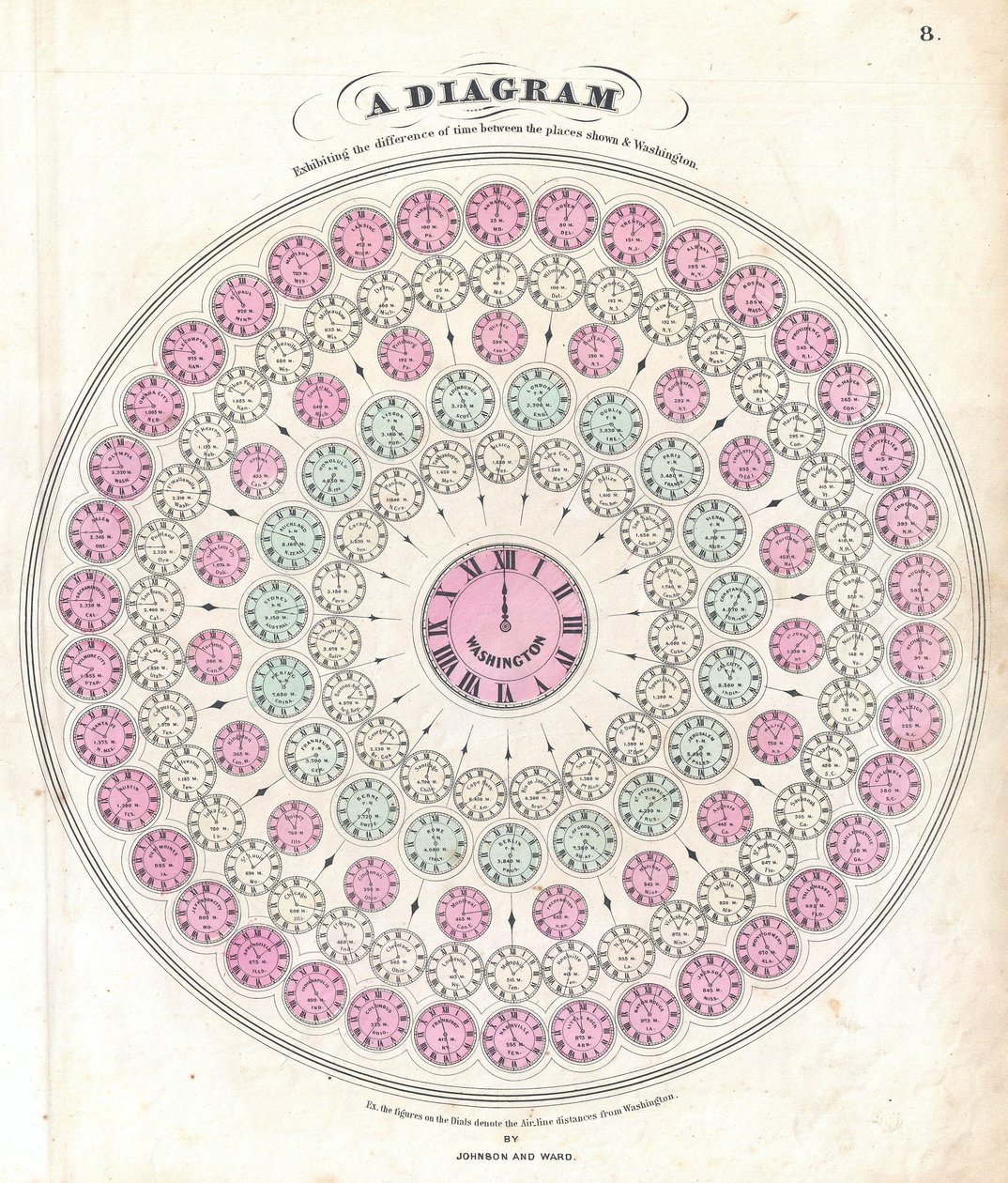 Diagrama que muestra la diferencia de tiempo entre los lugares mostrados y Washington de Alvin Jewett Johnson