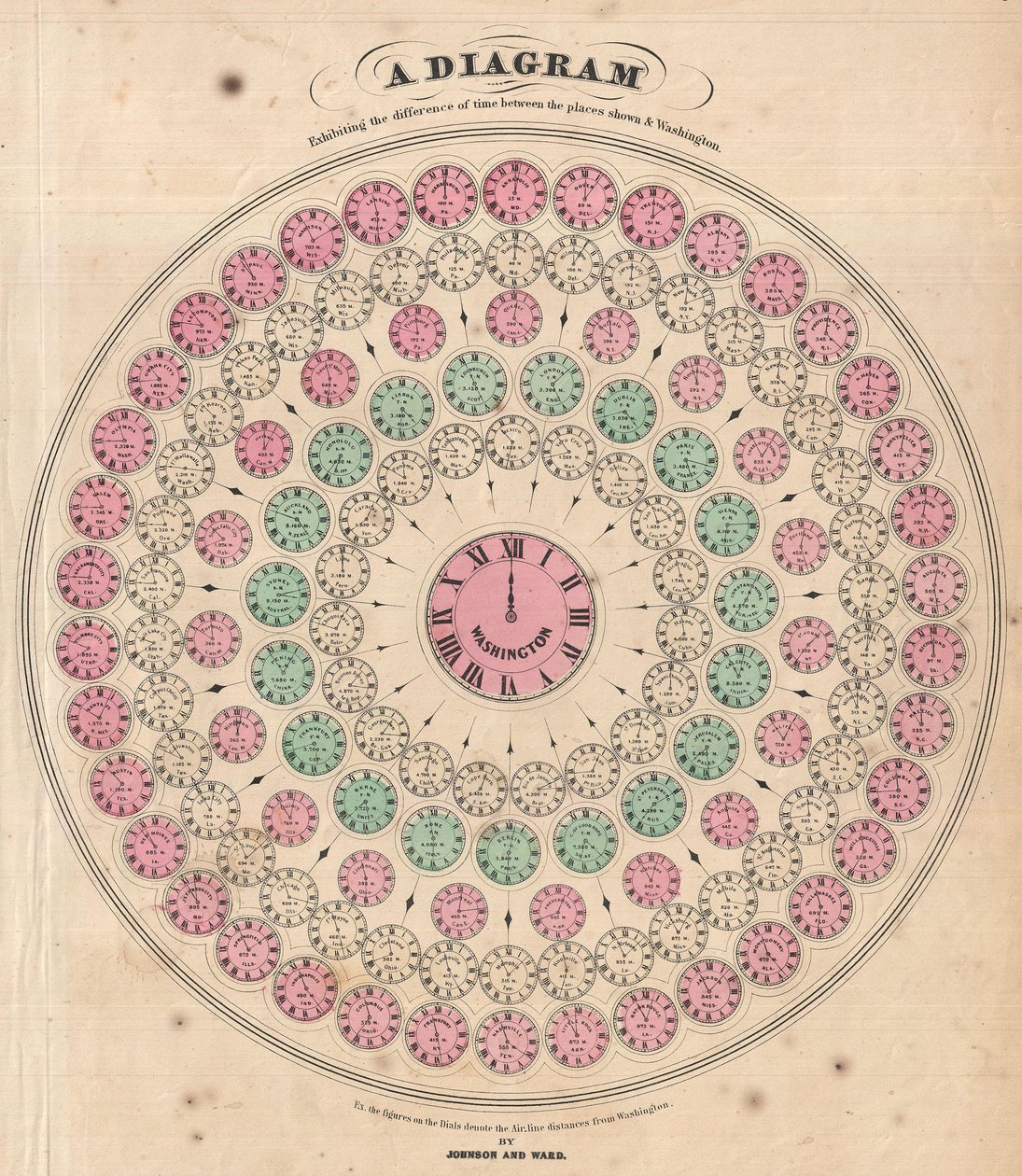 Diagrama que muestra la diferencia de tiempo entre los lugares mostrados y Washington de Alvin Jewett Johnson