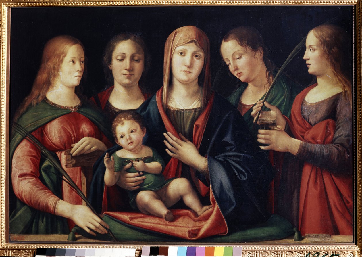 La Virgen y el Niño con Marie Madeleine Sainte Catherine y dos santos (Virgen y el Niño con María Magdalena, Santa Catalina y dos santos). Pintura de Alvise Vivarini (circa 1446-circa 1505). Óleo sobre lienzo, 89 x 129 cm de Alvise Vivarini