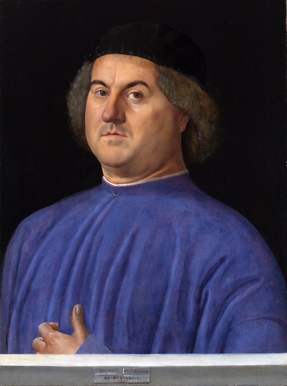 ""Retrato de un hombre"" Burgués vestido con una túnica azul - Pintura de Alvise Vivarini (circa 1446-circa 1505) 1497 Galería Nacional de Londres de Alvise Vivarini