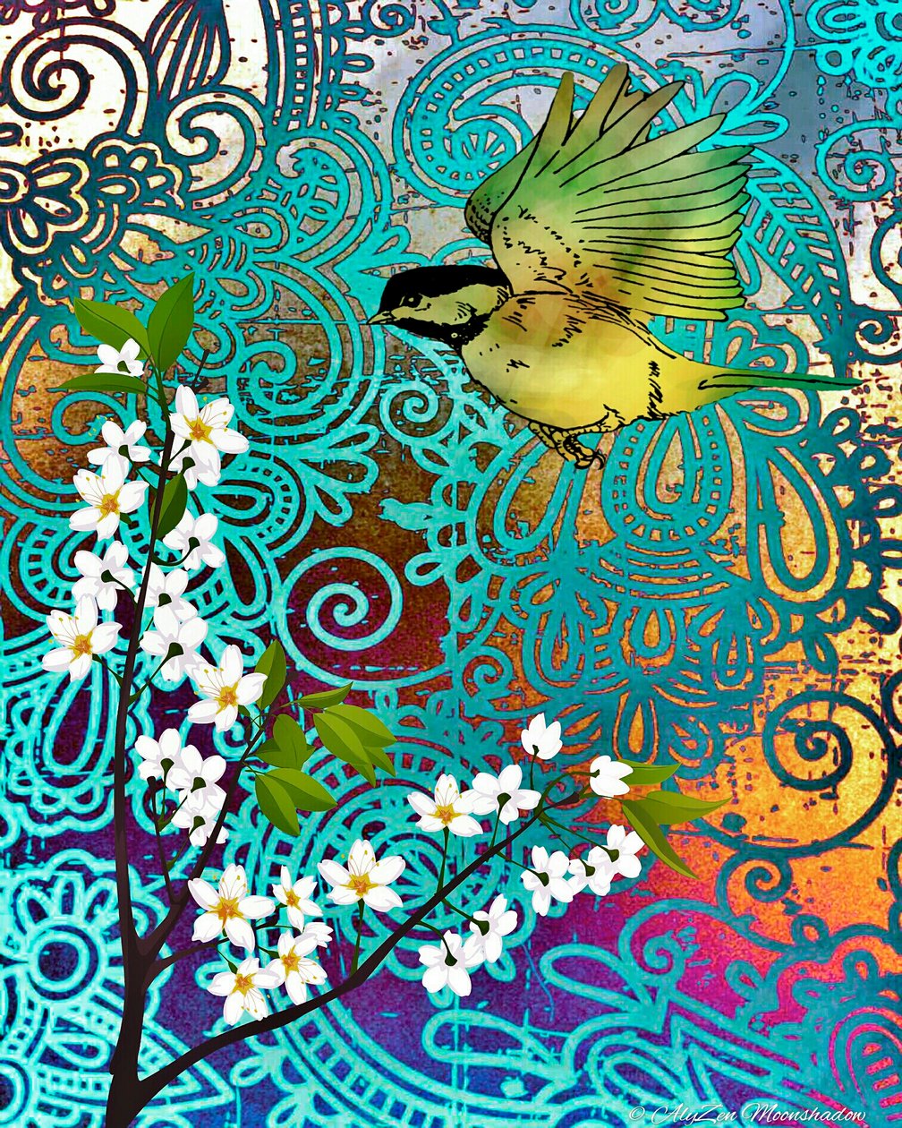 Pájaro con Flores de Cerezo, 2014 de AlyZen Moonshadow