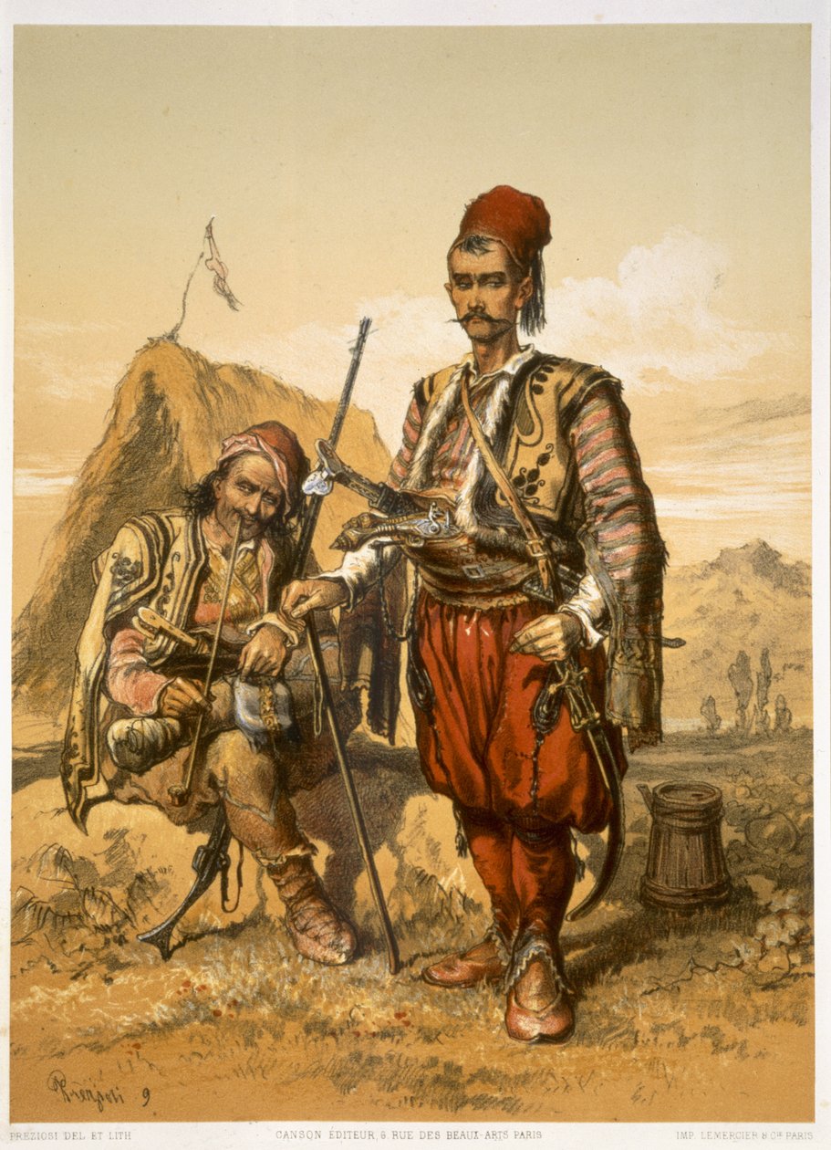 Soldados de infantería turcos en el ejército otomano, pub. por Lemercier, c.1857 de Amadeo Preziosi