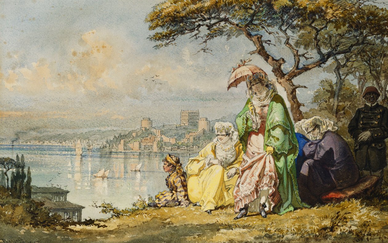 Damas en el Bósforo con Rumeli Hisar al fondo, 1873 de Amadeo Preziosi