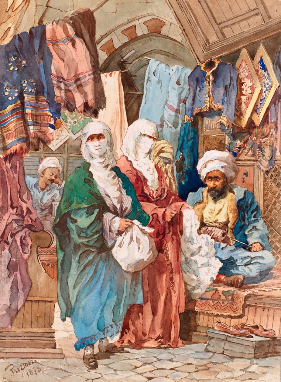 El bazar de la seda (mercado oriental, zoco, artículos de seda) - El bazar de la seda - Por Amedeo Preziosi (1816-1882), Acuarela sobre papel (41x30 cm) - Museo Pera, Estambul de Amadeo Preziosi