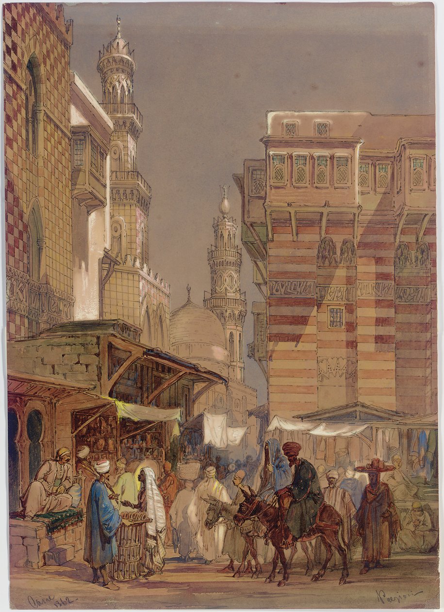 Día de mercado en el Mu"izz id-Din li-Lah, El Cairo antiguo, 1862 de Amadeo Preziosi