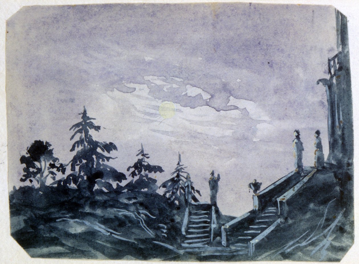 Vista de los jardines de un castillo fantástico a la luz de la luna". Acuarela y gouache. Aurore Amadine Lucie Dupin (1804-1876) Novelista y feminista francesa que escribió bajo el nombre de George Sand. de Amantine Dupin