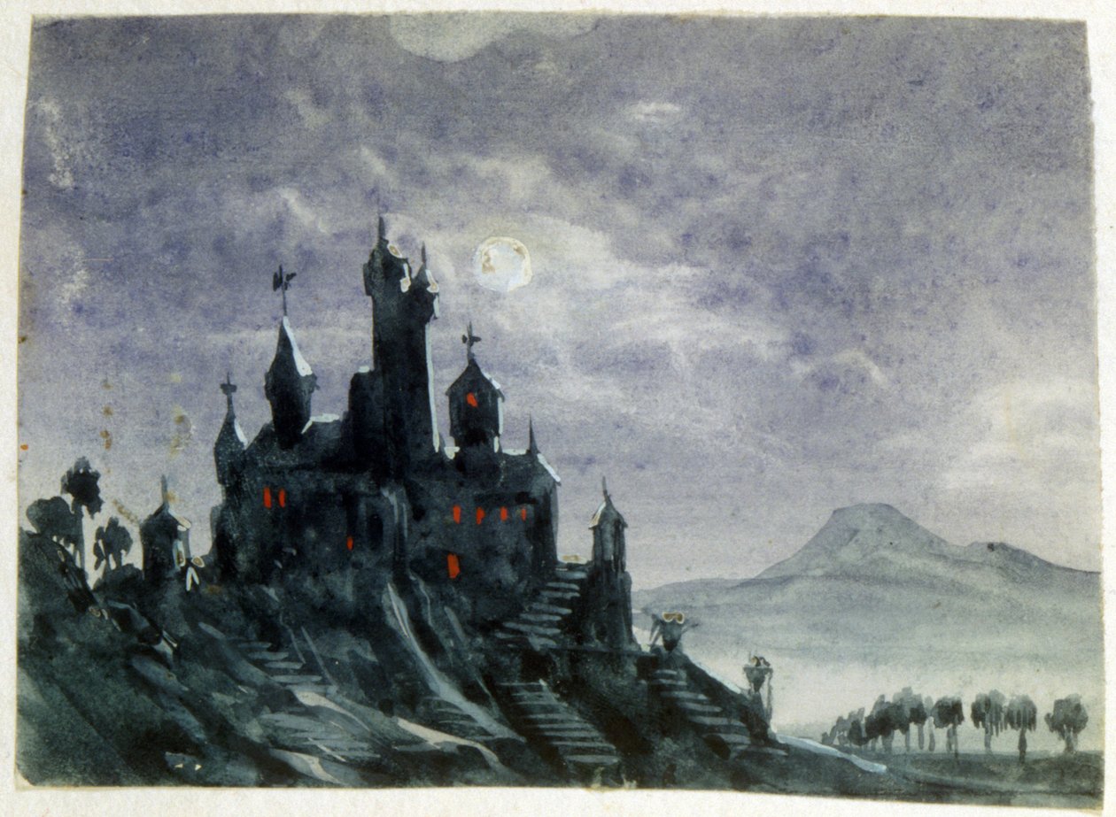 Vista de un castillo fantástico a la luz de la luna". Acuarela y gouache. Aurore Amadine Lucie Dupin (1804-1876) Novelista y feminista francesa que escribió bajo el nombre de George Sand. de Amantine Dupin