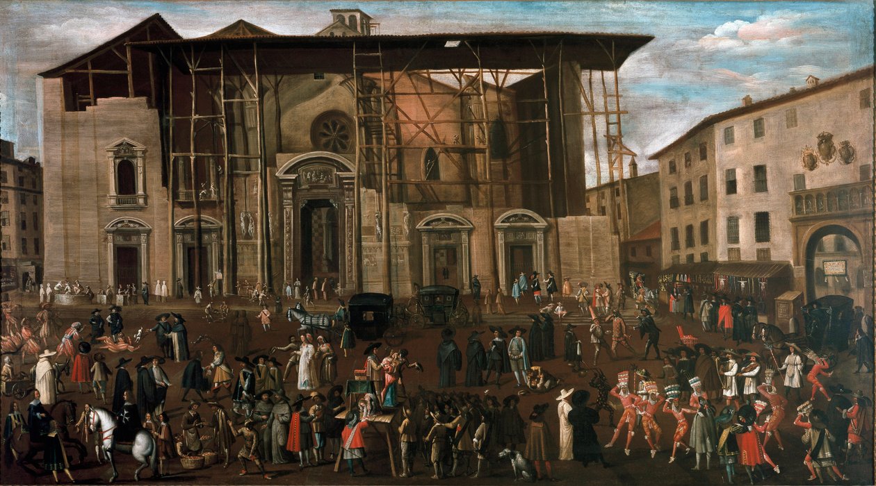 Vista de la plaza Mercanti con escenas de carnaval de Amanzia Guerillot Inganni