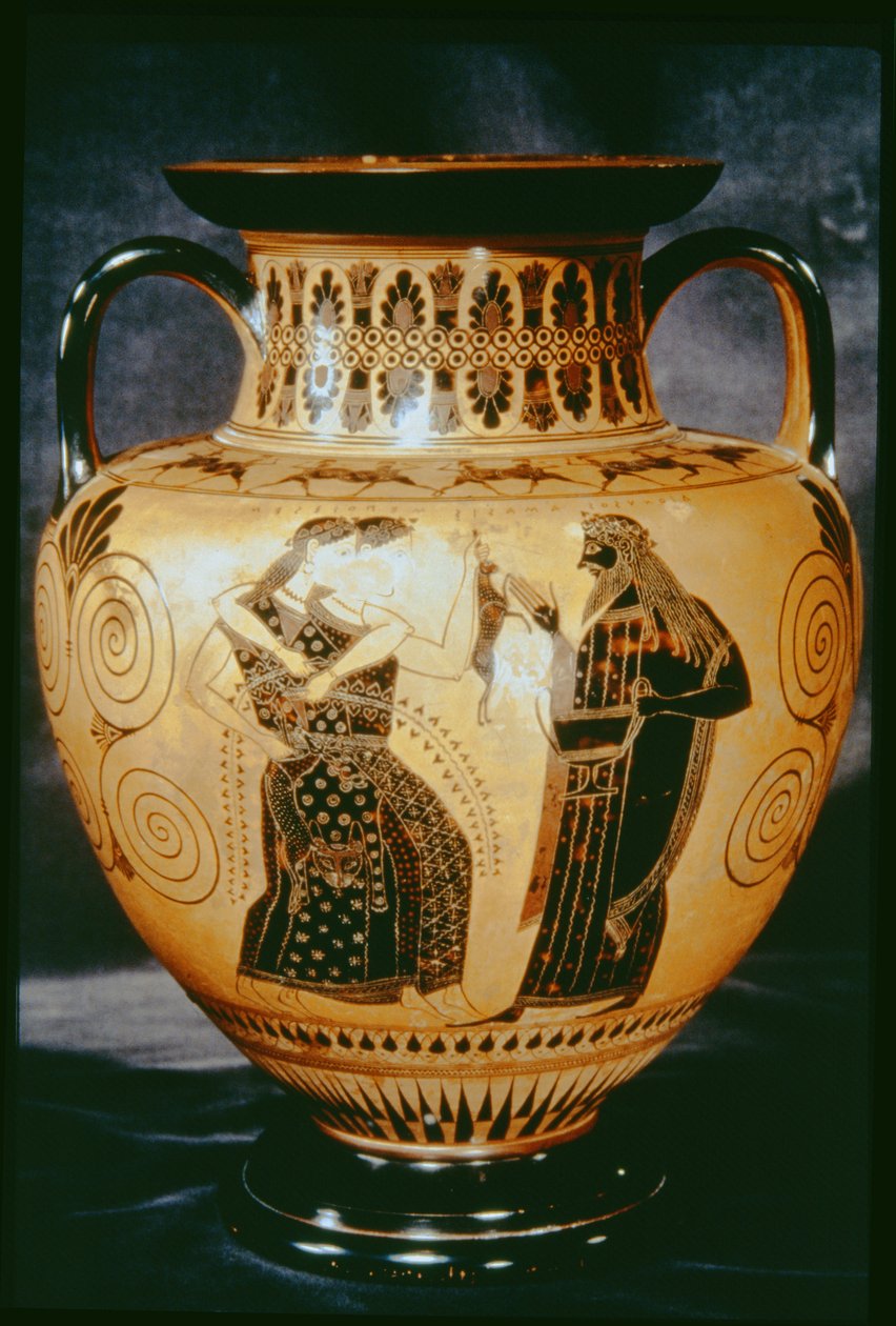 Ánfora de figuras negras áticas que representa una escena dionisíaca, 540-530 a.C. de Amasis Painter