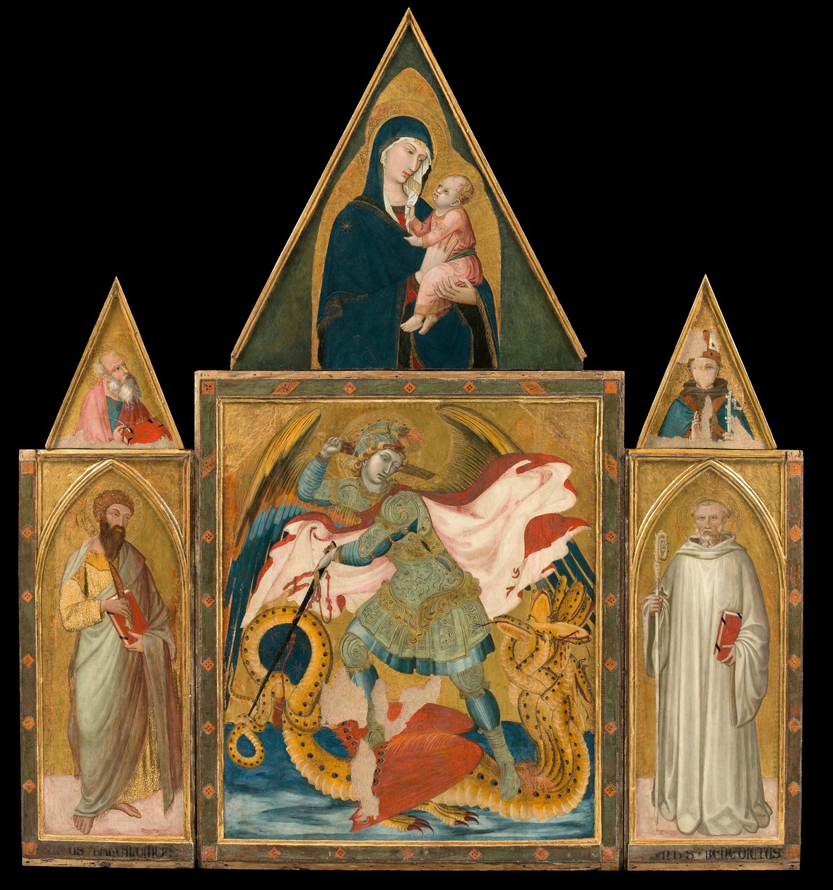 Ambrogio Lorenzetti - Políptico de la Abadía de Rofeno. San Miguel Arcángel matando al Dragón entre Santos Bartolomé de Ambrogio Lorenzetti