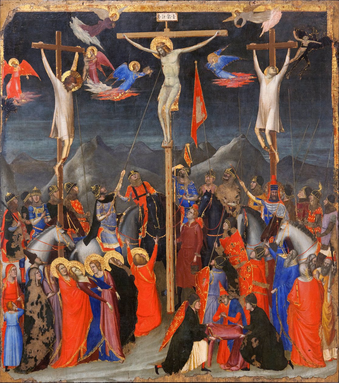 La Crucifixión - A los lados, representación del buen ladrón (también llamado San Dimas o Dysmas) y del mal ladrón (Gesmas o Gestas), dos ladrones crucificados con Jesucristo - Inscripción INRI (I N R I) en la cruz - Pintura de Gio de Ambrogio Bondone (workshop) Giotto