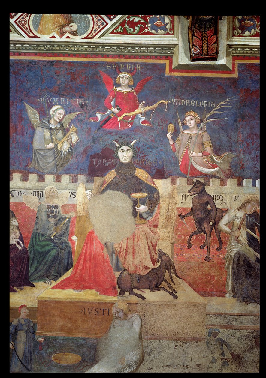 Alegoría del Mal Gobierno (detalle de la Avaricia, Orgullo, Vanidad, Tiranía, Fraude y Ira) de Ambrogio Lorenzetti