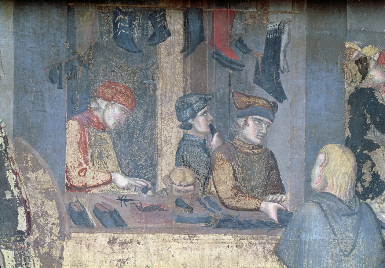 Efectos del buen gobierno en la ciudad, (detalle) de un comerciante y artesanos en la zapatería de Ambrogio Lorenzetti