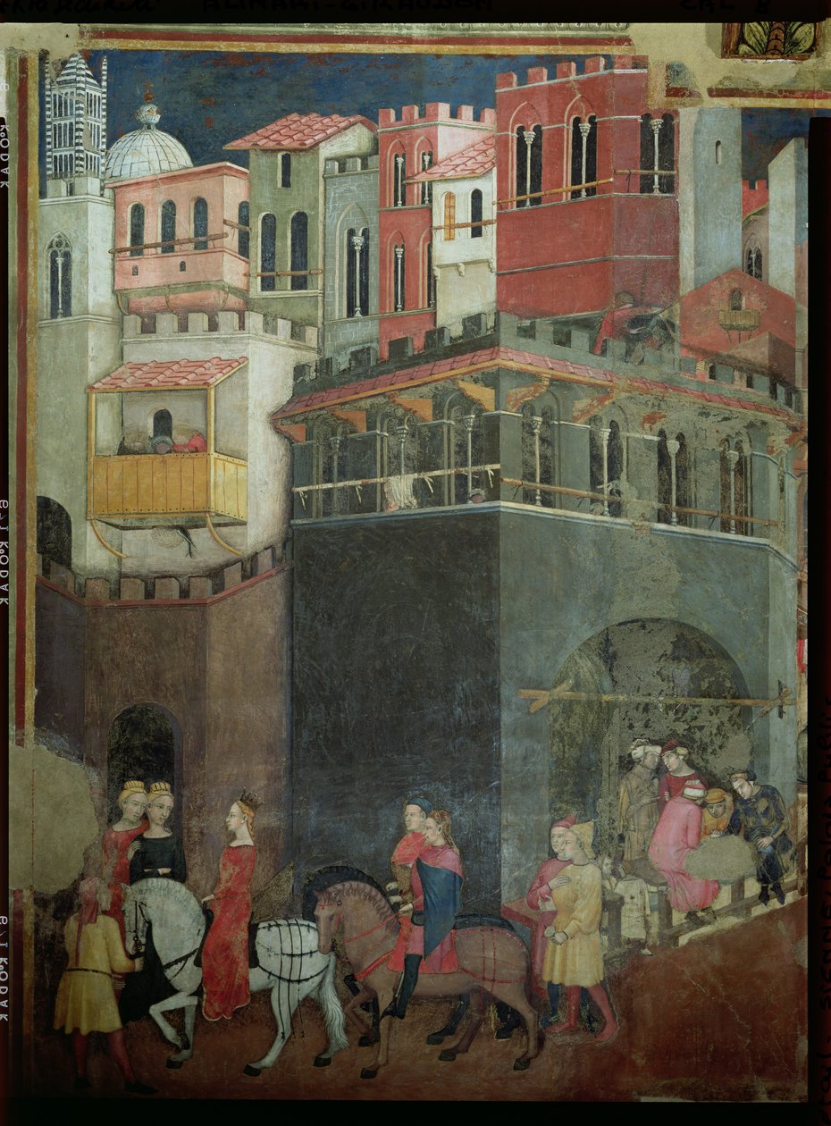 Efectos del Buen Gobierno en la Ciudad (detalle de la arquitectura y los ciudadanos) de Ambrogio Lorenzetti