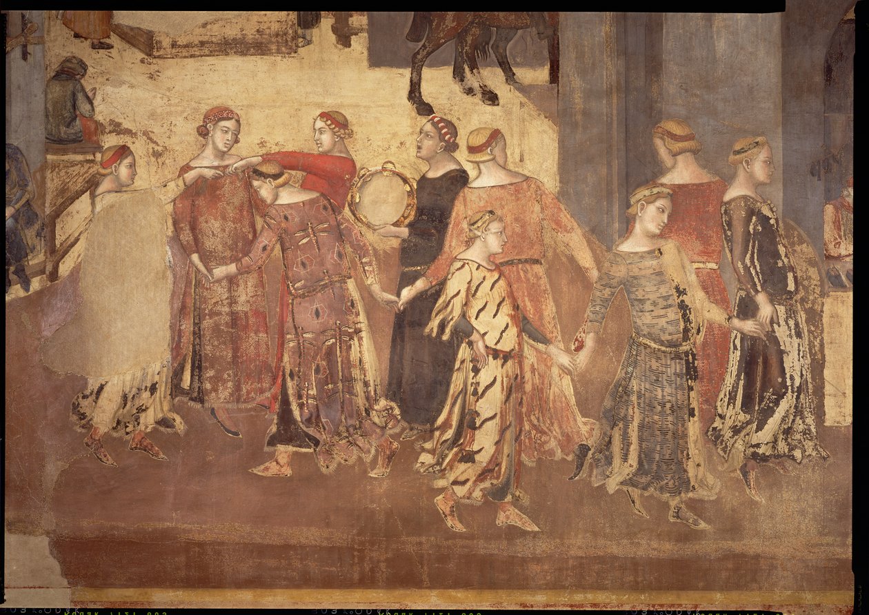 Efectos del Buen Gobierno en la Ciudad, detalle de bailarines y tamborileros, 1338-40 de Ambrogio Lorenzetti