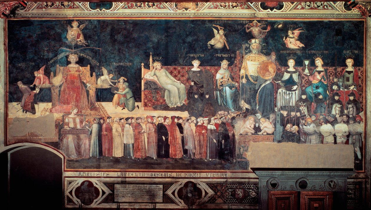 Efectos del buen y mal gobierno en la ciudad y el campo (Allegoria del buon e del cattivo governo): detalle que representa el buen gobierno (alegorías de Paz, Magnanimidad, Prudencia, Templanza, Justicia). Fresco de Ambrogio Lorenzetti (1290-1348) de Ambrogio Lorenzetti