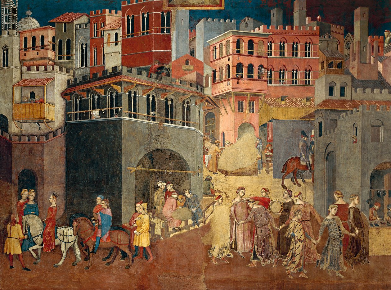 Efectos del buen gobierno en la ciudad, detalle de Alegoría y efectos del buen y mal gobierno en la ciudad y el campo de Ambrogio Lorenzetti