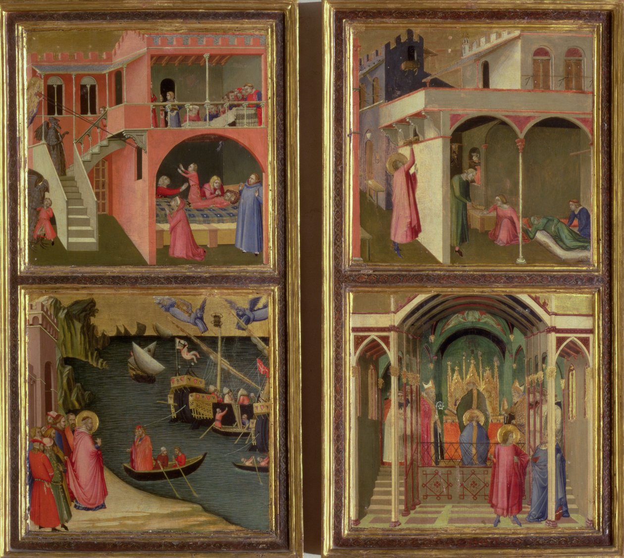Cuatro escenas de la vida de San Nicolás: San Nicolás da la dote a tres niñas; San Nicolás es elegido obispo de Mira; Resucitando a un niño estrangulado por el Diablo; Liberando a Mira de la hambruna de Ambrogio Lorenzetti