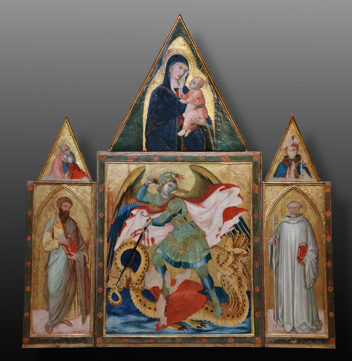 San Miguel Arcángel matando al dragón entre los santos Benito y Bartolomé (temple sobre tabla) de Ambrogio Lorenzetti