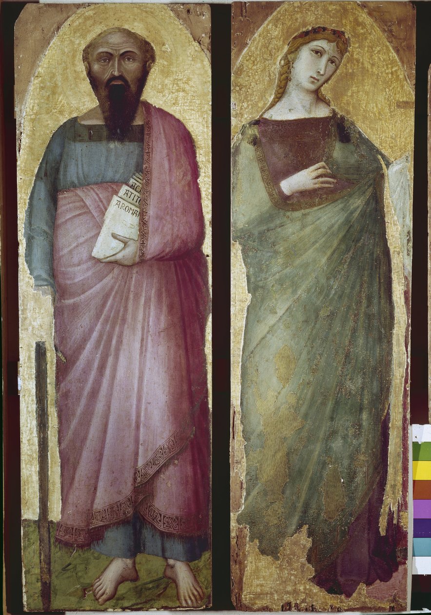 San Pablo y un santo martirio, detalle de un políptico (temple sobre madera). de Ambrogio Lorenzetti