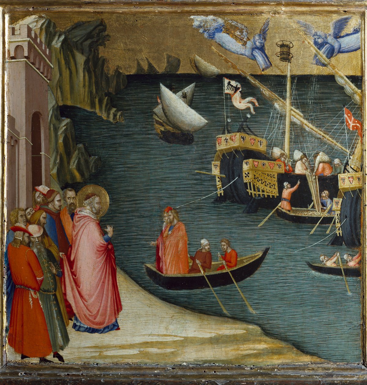 San Nicolás, obispo de Myra, salva un barco cargado de trigo de la tormenta de Ambrogio Lorenzetti
