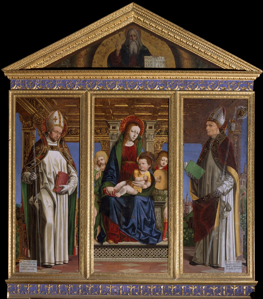 Virgen y Niño con los Santos San Hugo de Avalon (o Hugo de Lincoln) (1140-1200) y San Hugo de Grenoble (o Hugo de Chateauneuf) (1053-1132) Pintura de Ambrogio da Fossano dit il Bergognone (1481-1522) Catedral de San Justo, Susa, Turín de Ambrogio da Fossano (c.1460 1523)