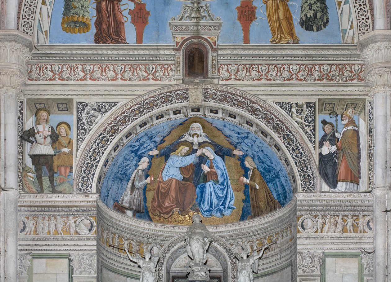 Coronación de la Virgen María con Dios y el Espíritu Santo entre Francesco y Ludovico Sforza de Ambrogio da Fossano