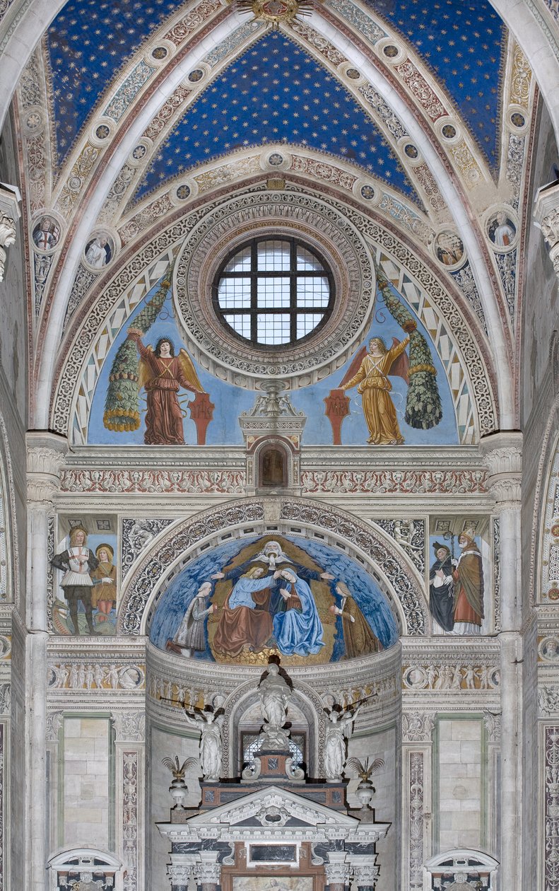 Coronación de la Virgen María con Dios y el Espíritu Santo entre Francesco y Ludovico Sforza de Ambrogio da Fossano