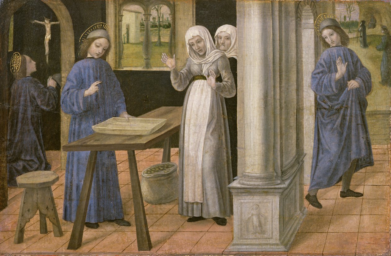 La oración, el milagro del tamiz y la partida hacia Subiaco, panel de predela de un retablo que representa escenas de la vida de San Benito, 1488-95 de Ambrogio da Fossano