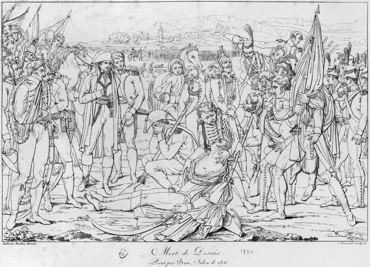 Muerte del General Desaix en la batalla de Marengo el 14 de junio de 1800, después de una pintura de Jean Broc, Salón de 1806, grabado por Charles Normand (1765-1840) de Ambroise Tardieu