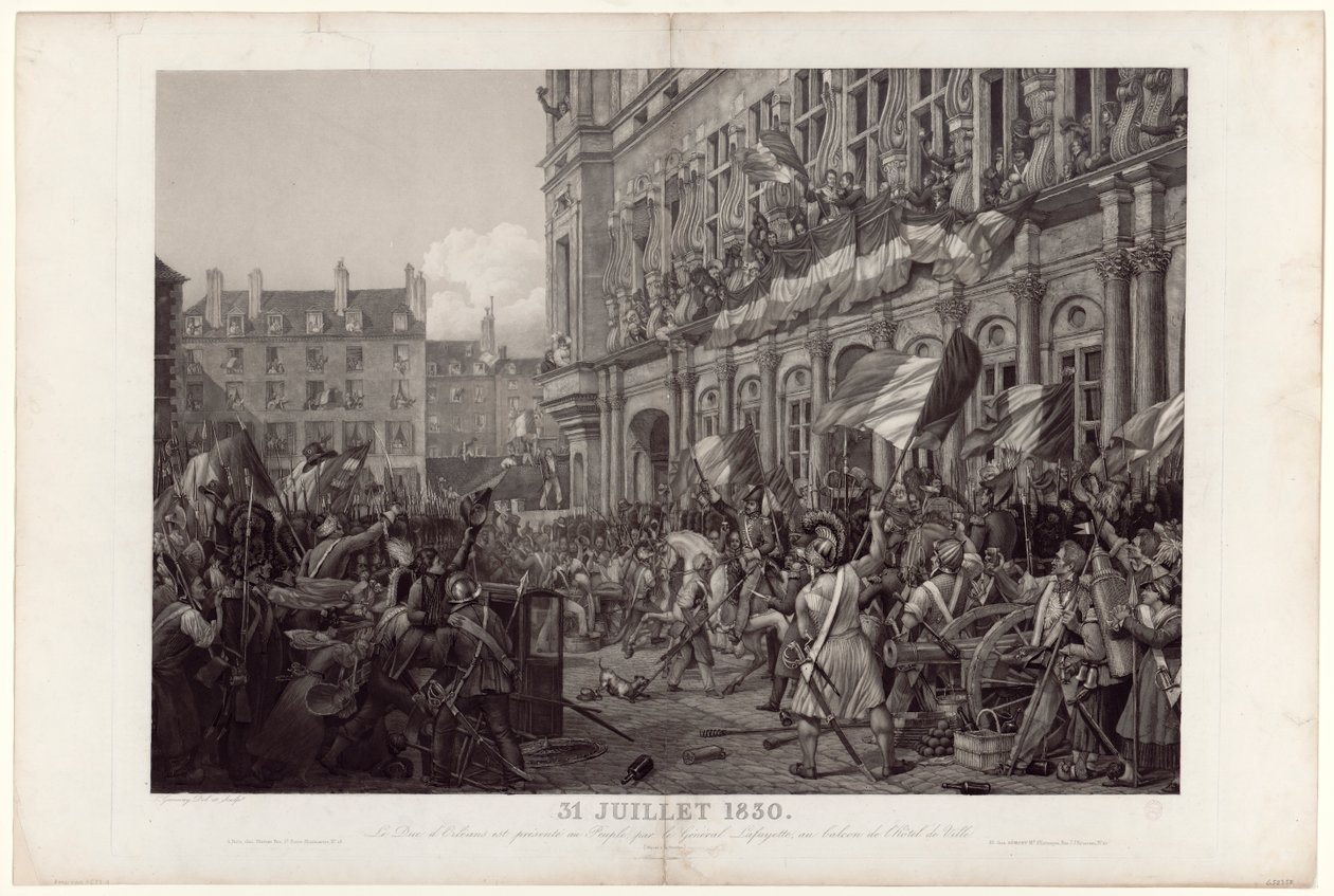 El 31 de julio de 1830, el general La Fayette presenta al duque de Orleans al pueblo en el balcón del Hôtel de Ville. de Ambroise Louis Garneray