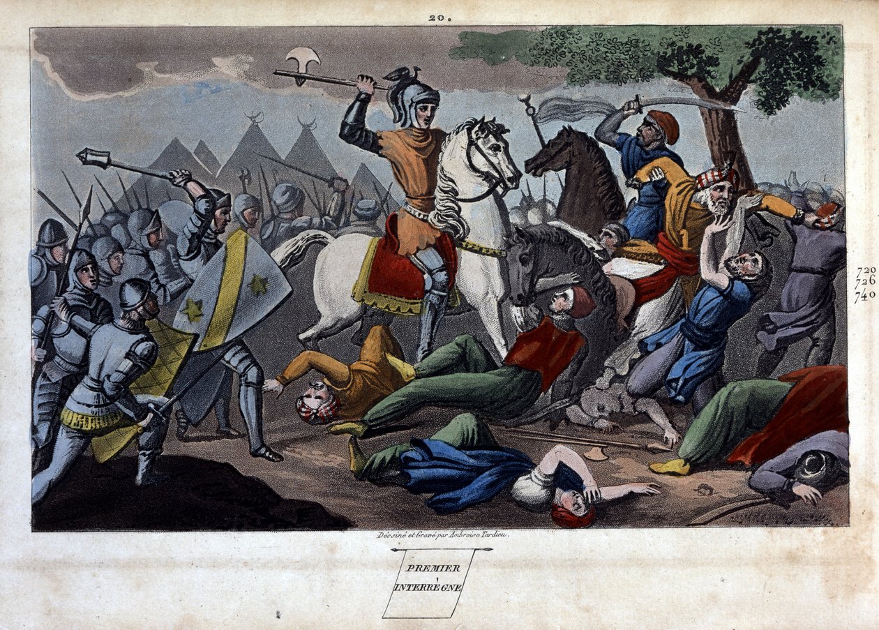 Batalla de Poitiers: Carlos Martel derrotó entre Tours y Poitiers a Abd al-Rahman I (731-788), rey de los sarracenos en 732 - Diseñado y grabado por Ambrose Tardieu en 1825. de Ambroise Tardieu