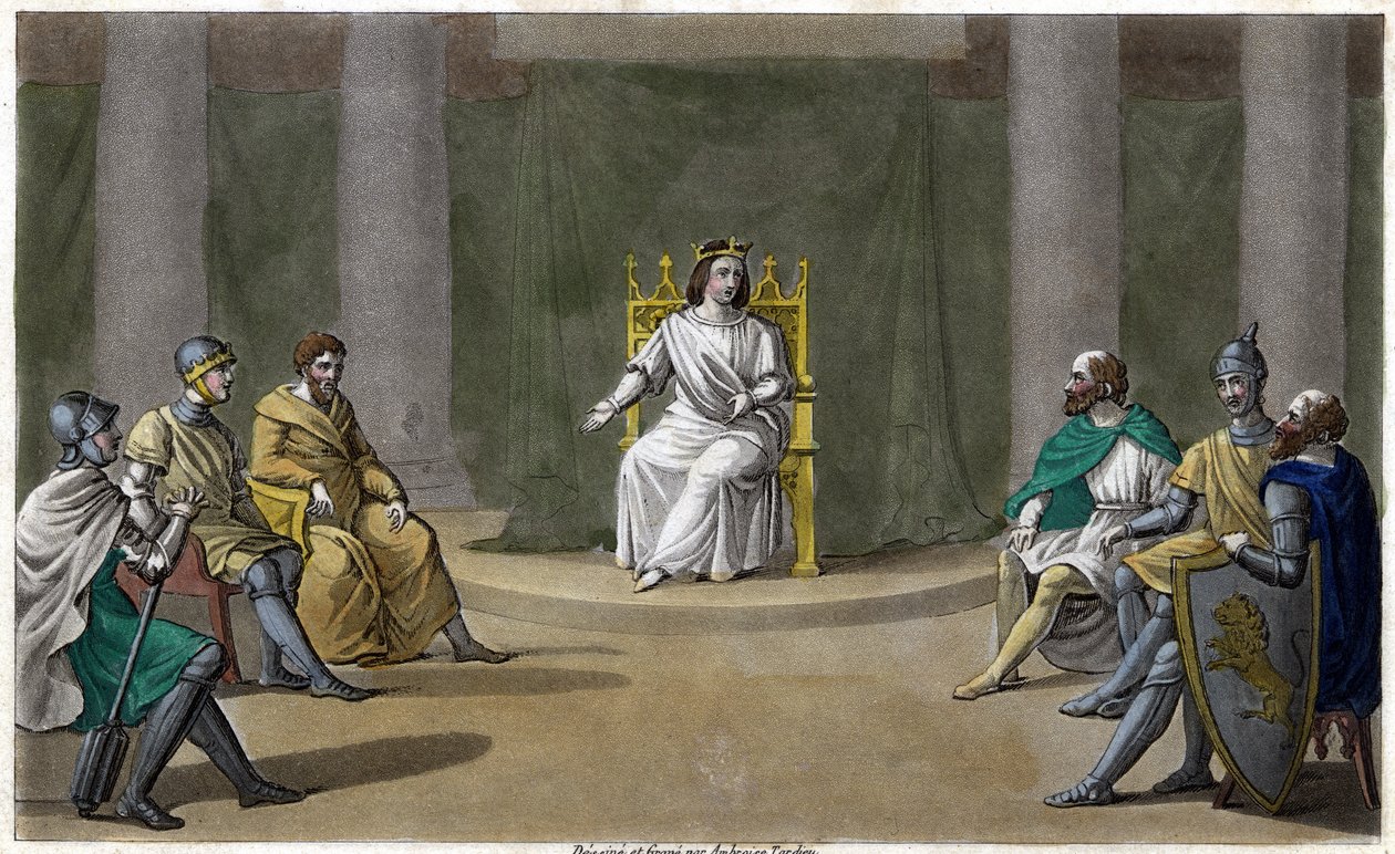 Cariberto o Chereberto, rey de París (561 - 567), en consejo, donde impartía justicia. Diseñado y grabado por Ambroise Tardieu en 1825 de Ambroise Tardieu