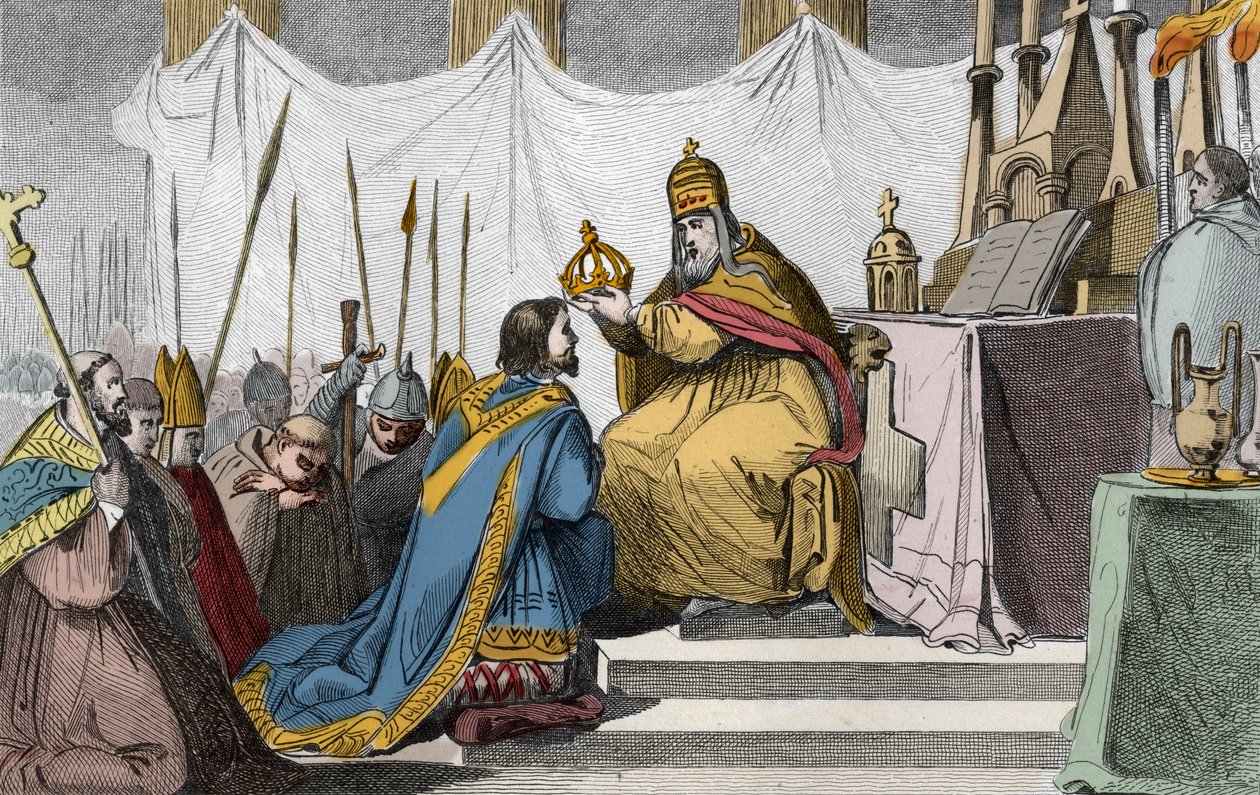 Carlomagno (742-814) coronado por el Papa León III (c750-816) en la basílica de San Pedro en Roma el 25 de diciembre de 800 - Coronación de Carlomagno (742-814) en 800 por el Papa León III - Grabado de 1825 en “Historia de Francia representada por pinturas de Ambroise Tardieu