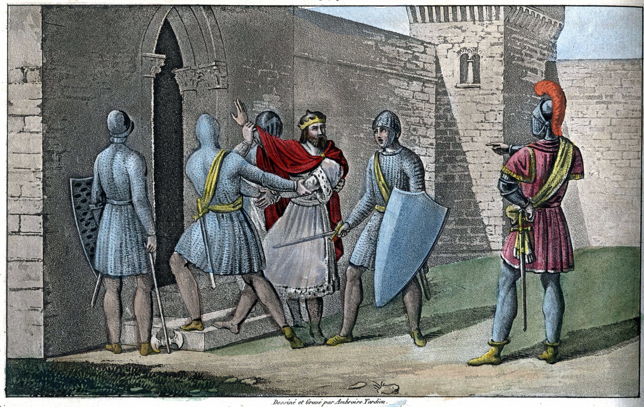 Carlos III, "El Simple" (879-929), dinastía Carolingia. Detrone en 922 y obligado a salvarse, se refugió con Herbert II de Vermandois (ca. 880-943) quien lo mantuvo prisionero en el castillo de Peronne en 923. - Diseñado y grabado por Ambroise Tardieu de Ambroise Tardieu