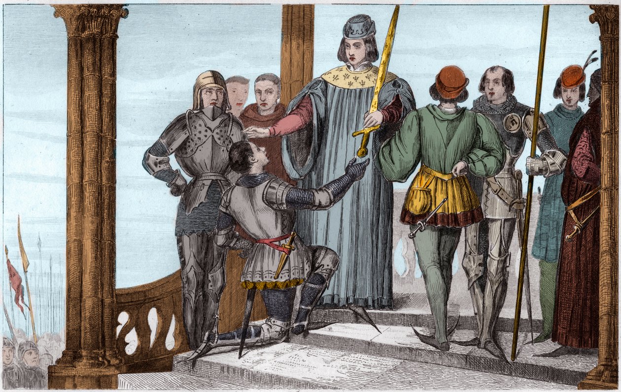 Carlos V (1358-80) el Sabio presenta su espada a Duguesdin - Carlos V el Sabio (1338-1380) presenta solemnemente la espada del condestable Bertrand du Guesclin (1320-1380) - Grabado de 1825 en “Histoire de France” de Ambroise Tardieu