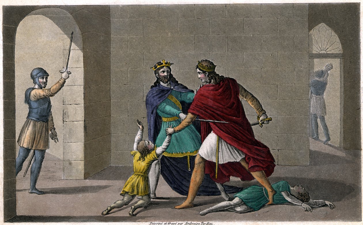Childeberto I dejó que Clotario (Clotario) masacrara a los hijos de su hermano Clodomiro, rey de Orleans, cuyos estados compartieron. Diseñado y grabado por Ambroise Tardieu en 1825 de Ambroise Tardieu