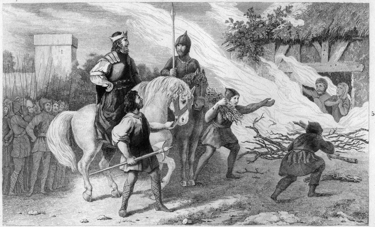 Clotario I (497-561) quema a su hijo rebelde y a su familia, 560 - Clotario I (497-561), Rey de los Francos, quema a su hijo Chramne y a su esposa en 560, quienes se rebelaron contra él - Grabado de 1825 en "Historia de Francia representada por pinturas si de Ambroise Tardieu