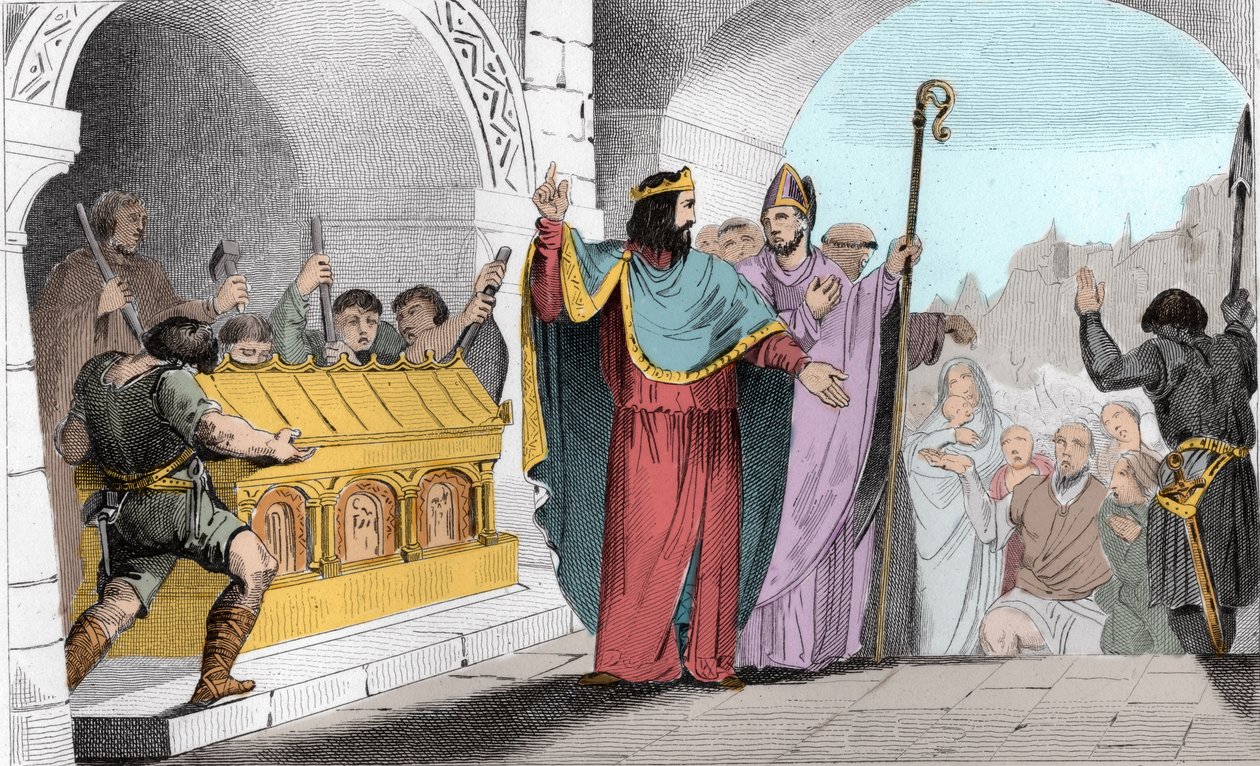 Clodoveo II (635-657) vendiendo plata y oro del santuario para alimentar a los pobres - Clodoveo II llamado “el Holgazán” para alimentar a los pobres hizo que se retiraran las láminas de oro y plata de la iglesia de Saint-Denis - Grabado de 1825 en “Histoi de Ambroise Tardieu
