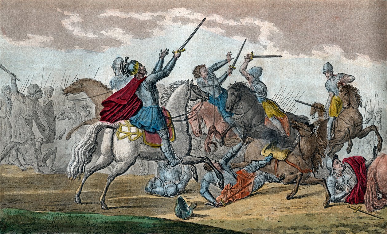 Clodoveo I (466-511), Rey de los Francos, Dinastía de los Merovingios - Durante la Batalla de Tolbiac contra los Alamanes, prometió convertirse al catolicismo si Dios le concedía la victoria - Dibujo y grabado por Ambroise Tardieu en 1825 de Ambroise Tardieu