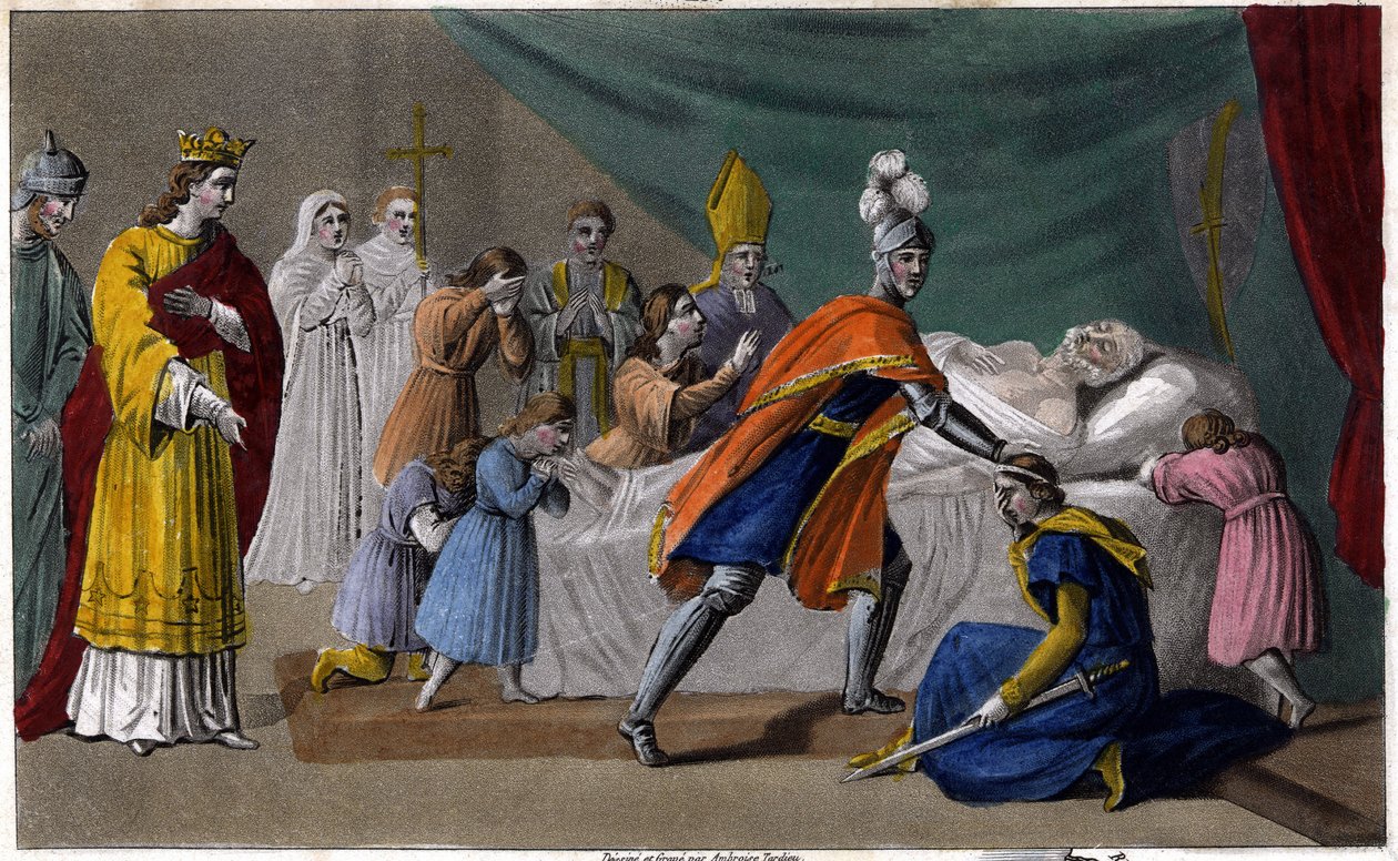Muerte de Pepino de Herstal (635-714) rodeado de su familia - Muerte de Pepino de Herstal (abuelo de Pepino el Breve), rodeado de su familia y en presencia de Dagoberto III (714) - Dibujado y grabado por Ambroise Tardieu en 1825 de Ambroise Tardieu