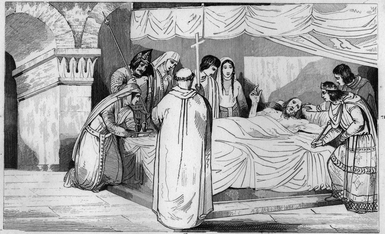 Muerte de Pepin de Herstal (635-714) rodeado de su familia - Muerte de Pepin de Herstal (abuelo de Pepin el Breve), rodeado de su familia y en presencia de Dagoberto III (en 714) - Grabado de 1825 en "Historia de Francia representada por pinturas sinóptica de Ambroise Tardieu