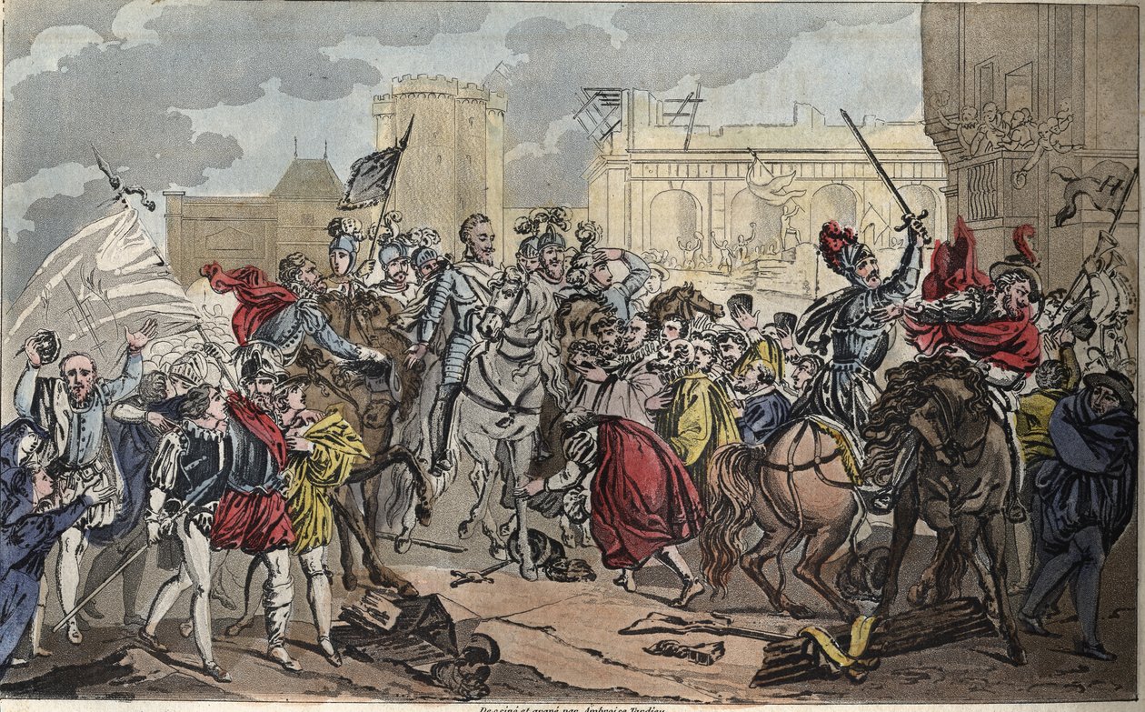 Entrada de Enrique IV en París: Enrique IV (1553 - 1610). La conversión del Rey al catolicismo dio el golpe final a la Liga, abrió las puertas de París y el corazón de sus súbditos, en 1594. - Dibujado y grabado por Ambroise Tardieu en 1825. de Ambroise Tardieu