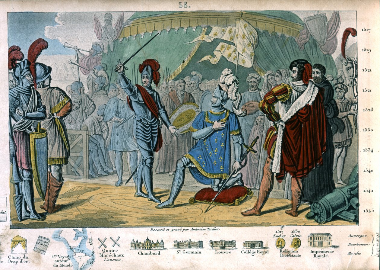 Francisco I de Francia solicitando ser nombrado caballero por el Caballero Bayard después de la victoria en la Batalla de Marignano, Italia de Ambroise Tardieu