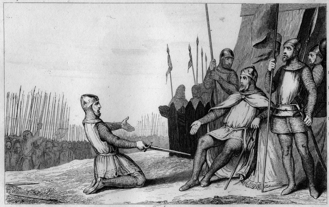 Enrique I (1008-60) perdona a su hermano Robert-Le-Vieux en 1032 - Enrique I (1008-1060), rey de Francia, agradeciendo a su hermano Robert le Vieux que se levantó contra él, y le cede el Ducado de Borgoña en 1032 - Grabado de 1825 en 