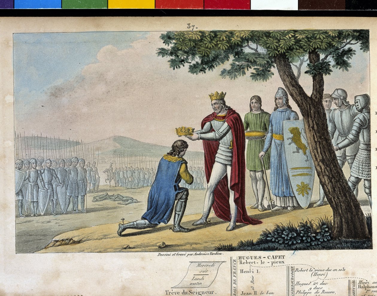 Enrique I (1008 - 1060), dinastía Capeto. Vencedor de su hermano Roberto el Viejo, lo perdonó y le dio el Ducado de Borgoña en 1016 - Diseñado y grabado por Ambroise Tardieu en 1825. de Ambroise Tardieu